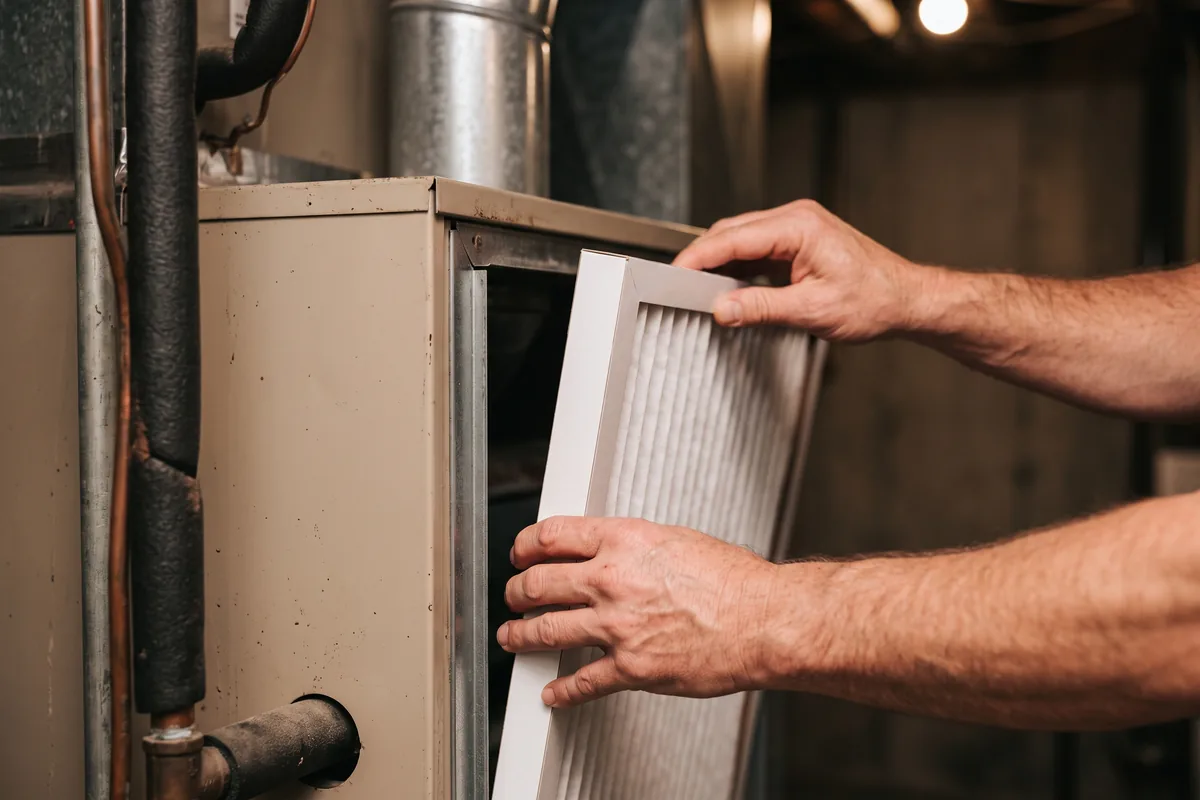 Homeowner sliding a clean pleated filter into a residential gas furnace