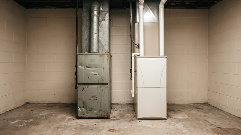 Older gas furnace in an Ottawa home being assessed for remaining service life