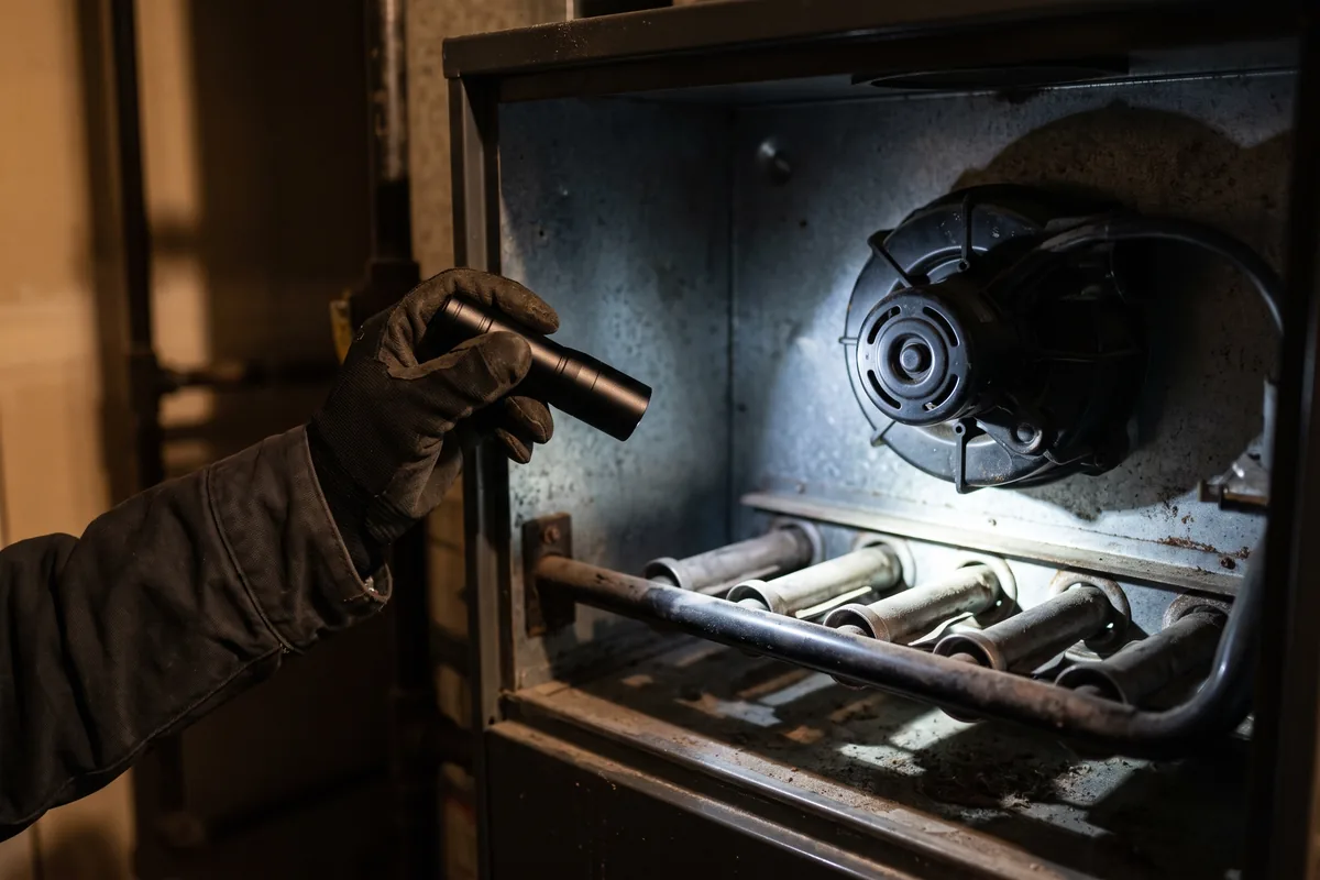 Technician inspecting a furnace cabinet to determine its age and condition
