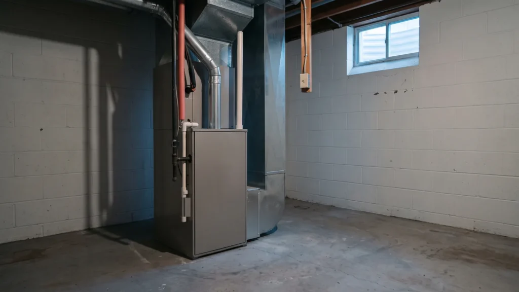 Residential gas furnace sitting silent in an unfinished Ottawa basement