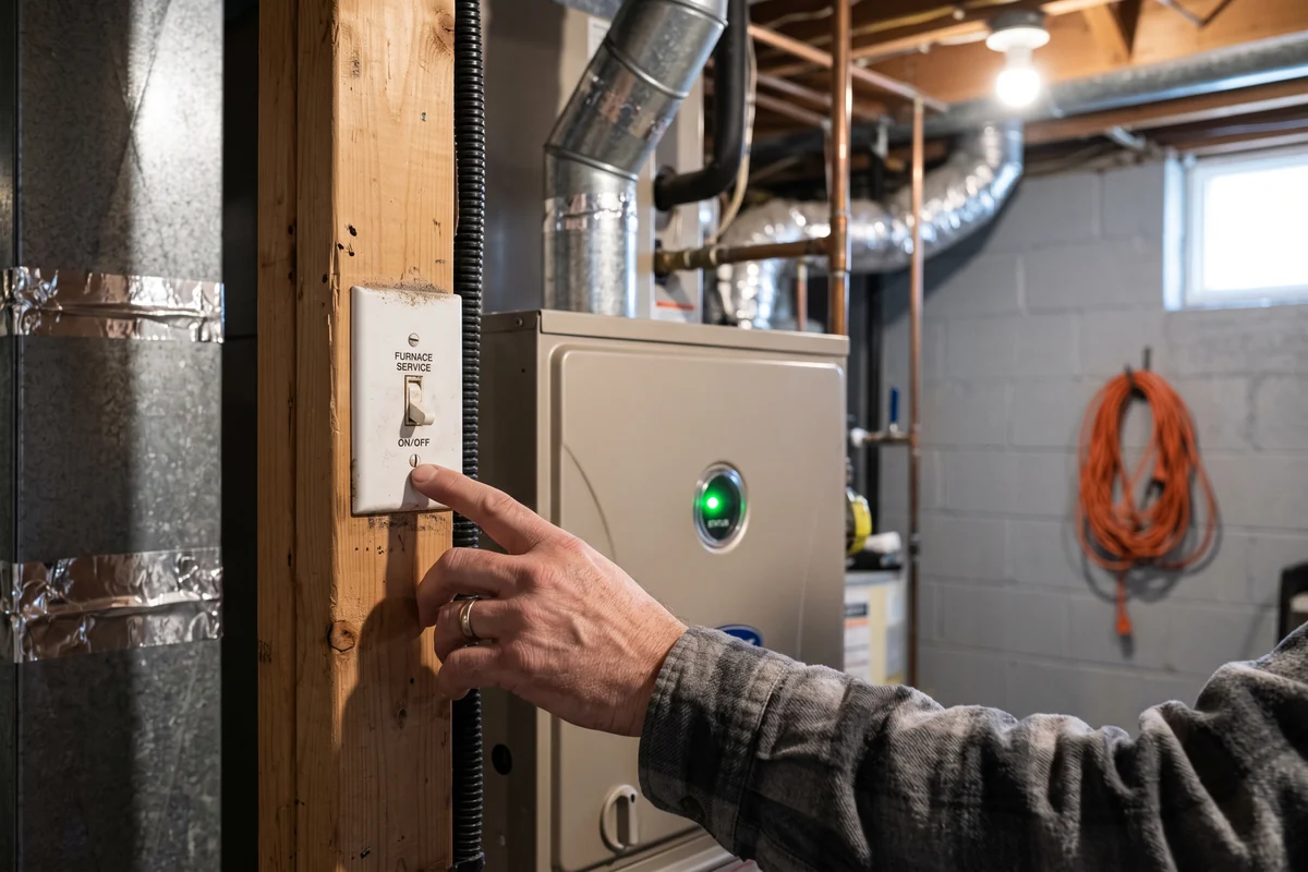 Homeowner reaching for the furnace service switch beside a furnace showing a green status light